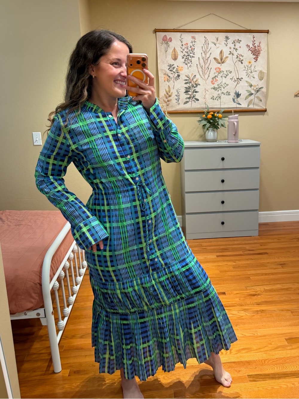 Tuckernuck De Loreta Blue and Green Plaid Long Sleeve Midi Dress Cotton Large